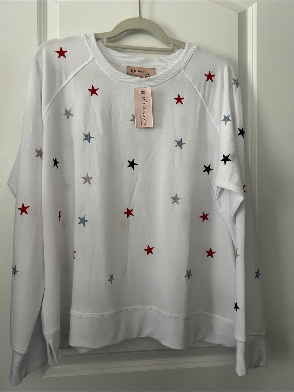New Philosophy White Sweatshirt with Red, White & Blue Star Embroidery